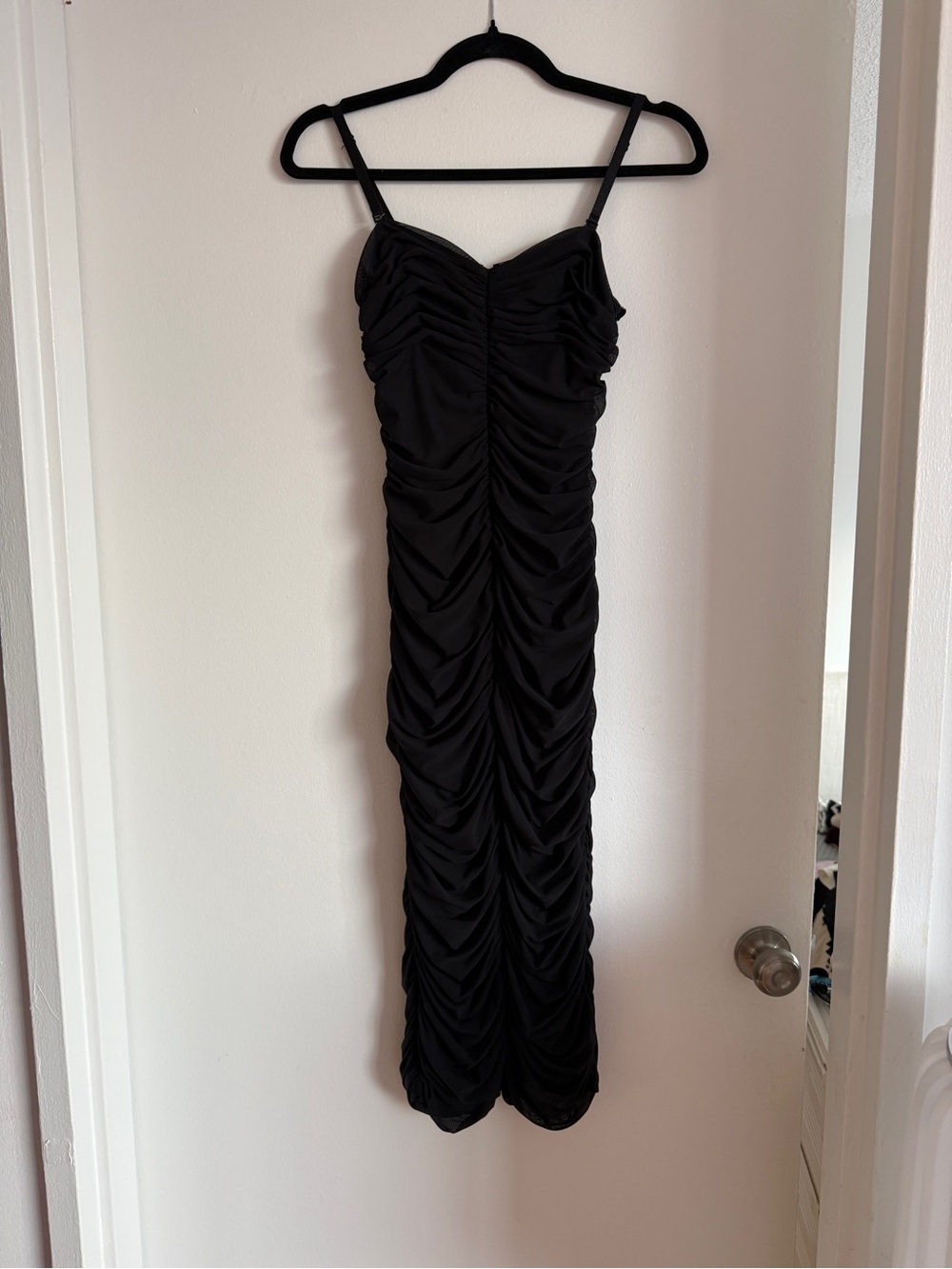 L'AGENCE Black Ruched Maxi Dress with Spaghetti Straps